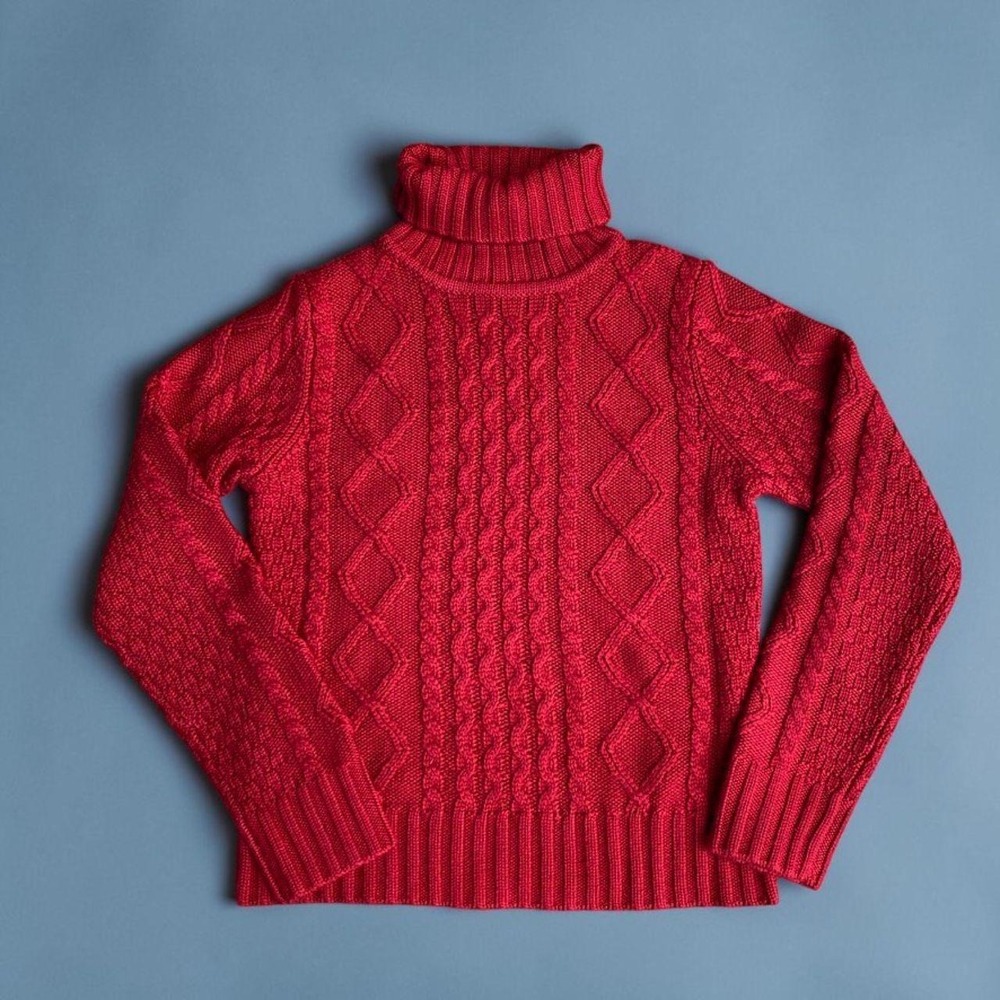 L.L. Bean Red Wool Blend Cable Knit Turtleneck Sweater Size Small
